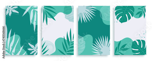 Summer leaves tropical vector poster set. Summer tropical green abstract and watercolor leaves for seasonal editable text template and background layout collection. Vector illustration tropical 