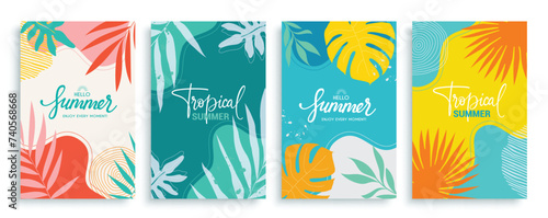 Summer tropical text vector poster set. Summer tropical leaves elements decoration in abstract background for seasonal flyers and tags template. Vector illustration summer tropical poster collection. 
