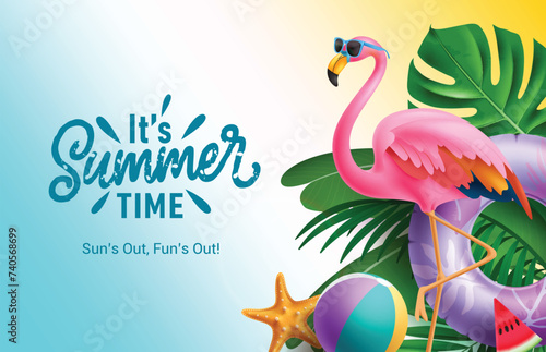 Summer time text vector design. It's summer time greeting text with pink flamingo wearing sunglasses, floater, beachball and green leaves decoration elements. Vector illustration summer time greeting 