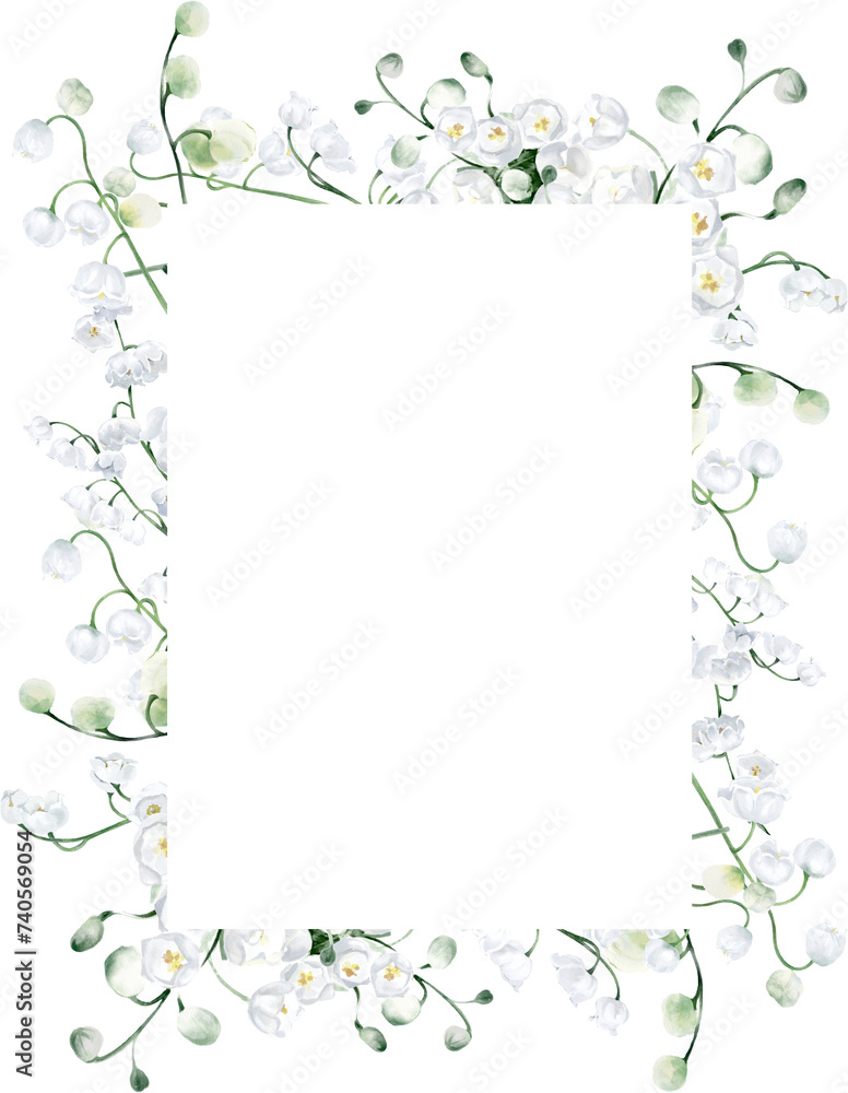 Watercolor Rectangular Shaped Frame with Lily of the Valley Watercolor Rectangular Shaped Frame with Lily of the Valley