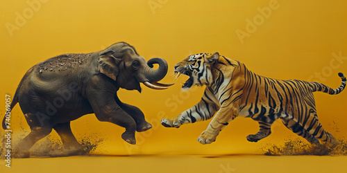 Majestic Elephant-Tiger Encounter: A Vibrant Wildlife Banner Captures Natures Dynamic Beauty and Power
