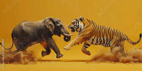 Majestic Elephant and Fierce Tiger Clash in Vibrant Orange Banner Display of Natures Power