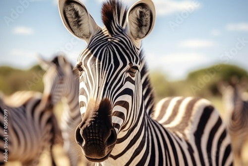 Close-up of a zebra's face with other zebras in the background. Suitable for wildlife and nature concepts