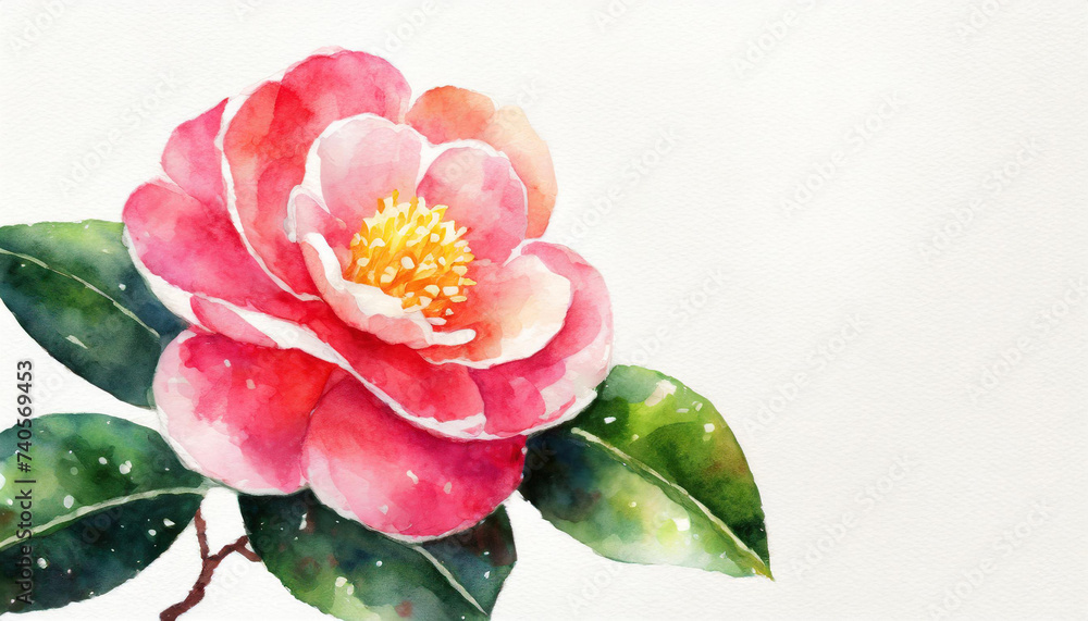 Obraz premium Watercolour of a camellia on pure white background canvas, copyspace on a side