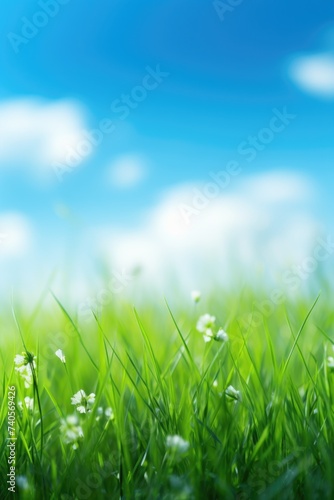 A peaceful scene of green grass under a clear blue sky. Suitable for nature and landscape concepts