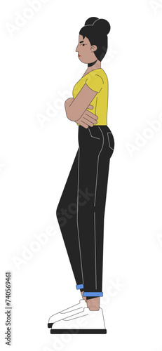Black woman distrust ignoring 2D linear cartoon character. African american adult female angry isolated line vector person white background. Gesture body language color flat spot illustration