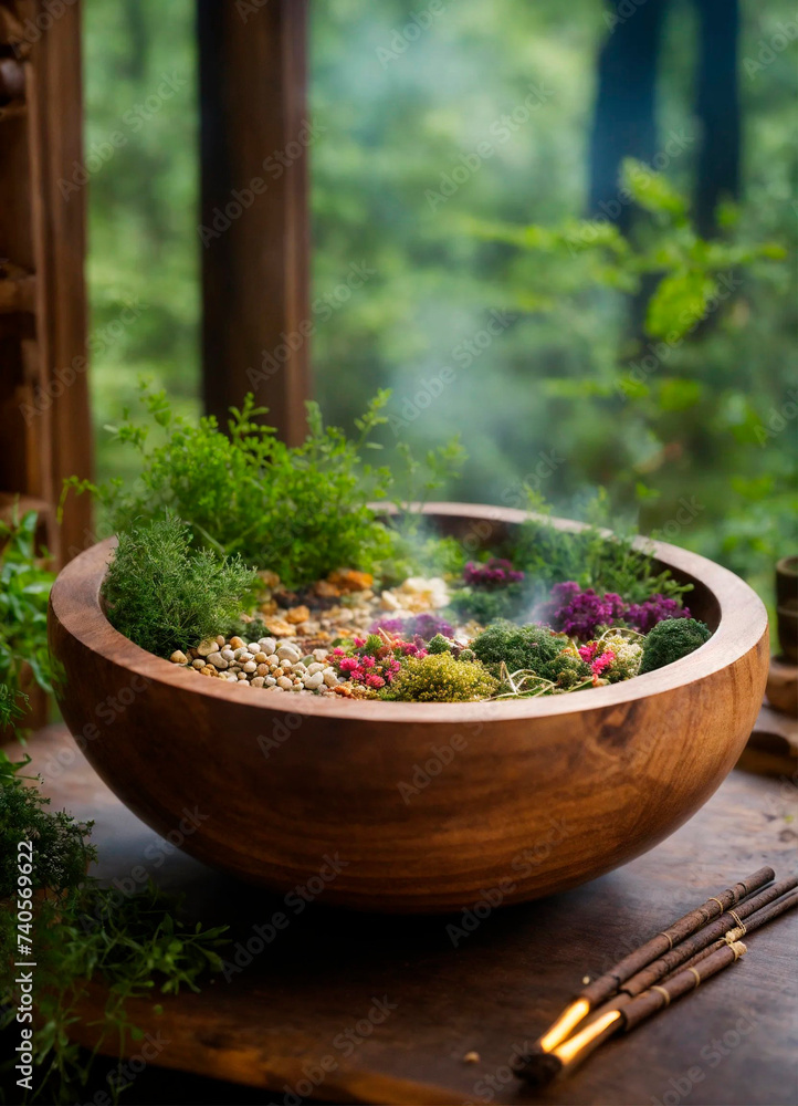 plate with herbs and incense on a forest background. Selective focus. plate with herbs and incense on a forest background. Selective focus.