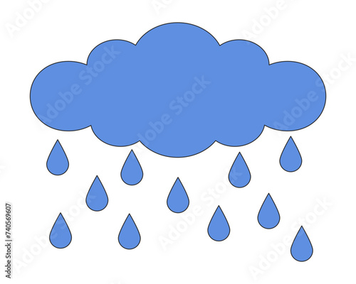 Rainy cloud raindrops dripping 2D linear cartoon object. Shower rainfall dropping isolated line vector element white background. Cloudscape water drops falling color flat spot illustration