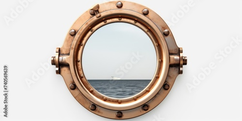 A porthole mirror reflecting a boat in the background. Suitable for nautical themes