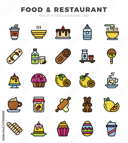 Food and Restaurant Icons bundle. Lineal Color style Icons. Vector illustration.