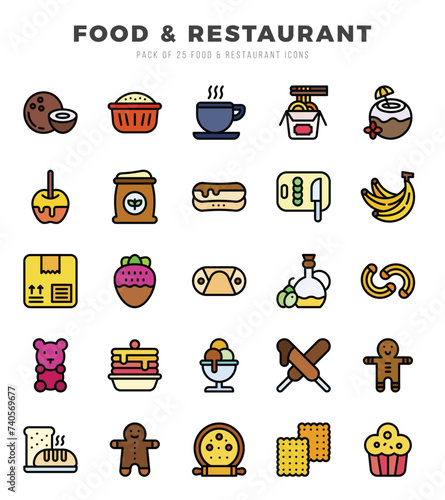 Collection of Food and Restaurant 25 Lineal Color Icons Pack.