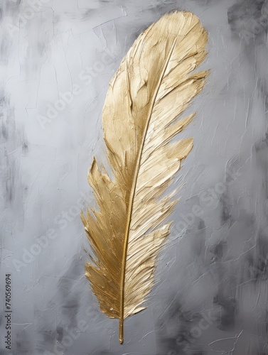 A painting featuring a realistic depiction of a golden feather contrasted against a plain gray backdrop.