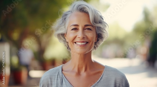 A woman with grey hair smiling at the camera. Suitable for various advertising and lifestyle concepts