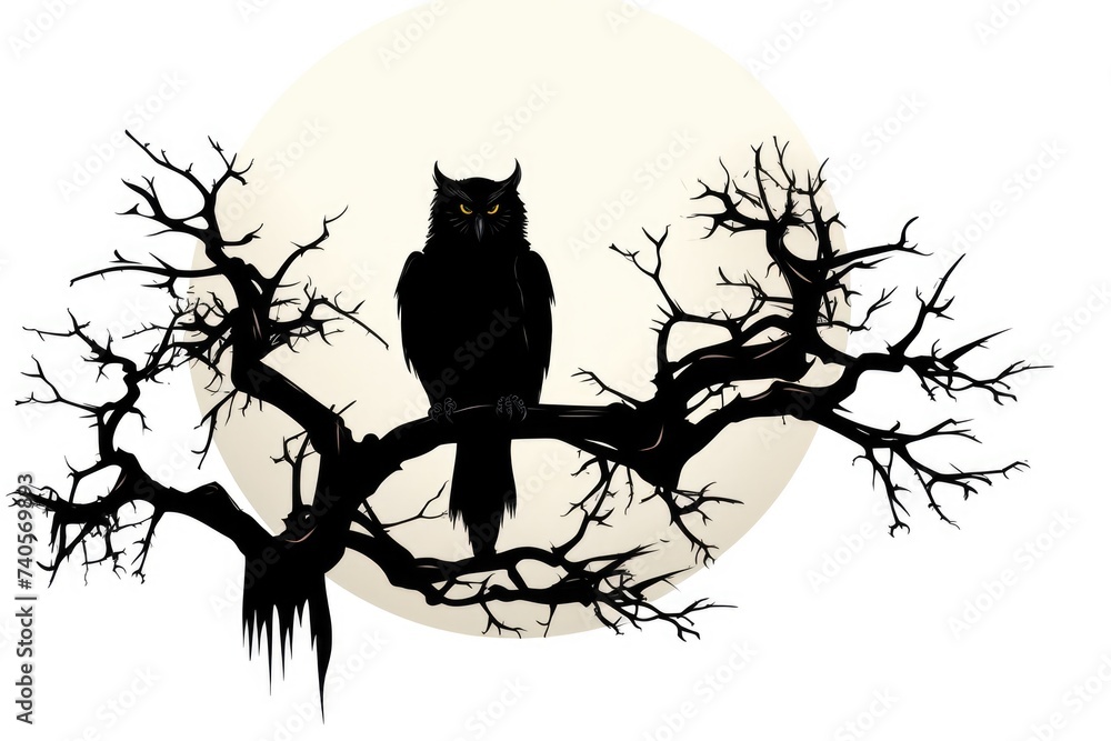 Fototapeta premium Owl perched on tree branch with full moon in background. Ideal for Halloween or nature themed designs