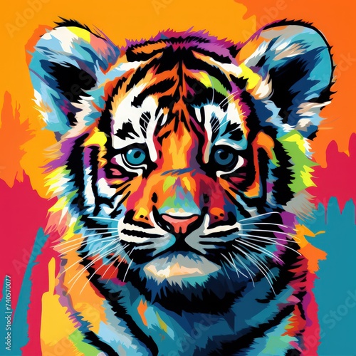 Blacklight painting-style baby tiger  baby tiger pop art illustration