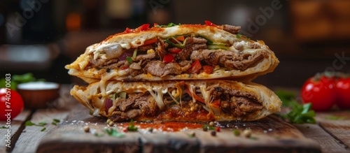 Mouthwatering close up of a savory sandwich filled with fresh meat slices and crispy vegetables