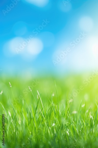 Green grass field with clear blue sky background, ideal for nature concepts