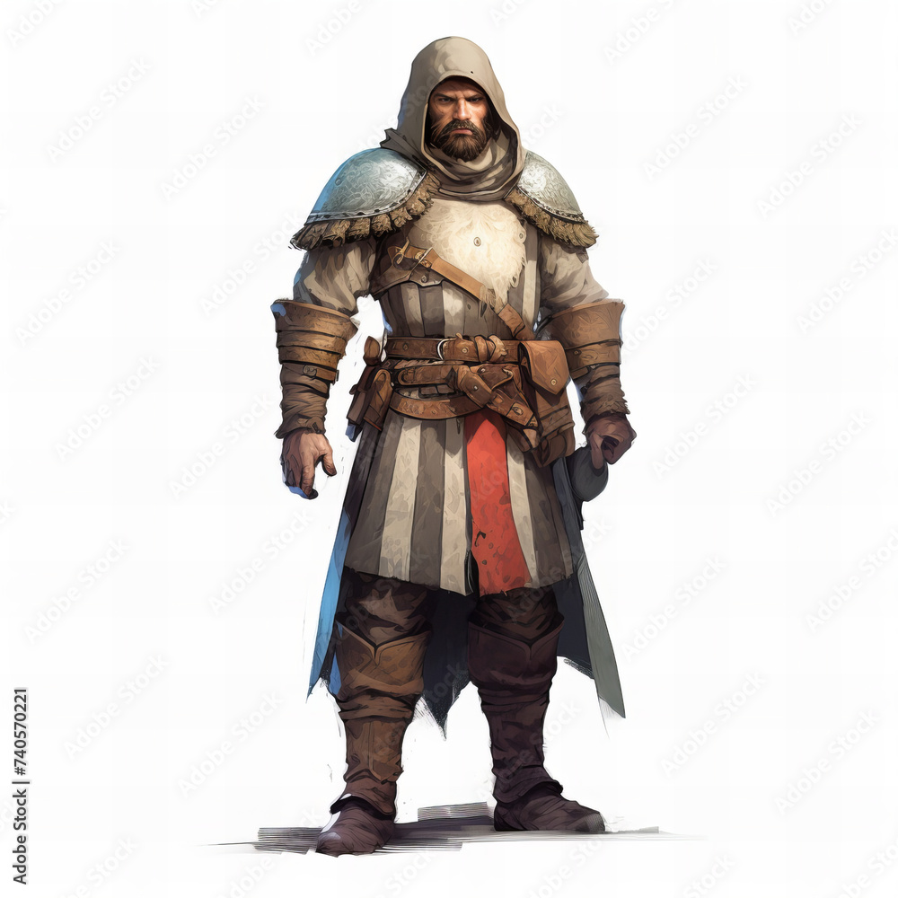 Medieval Warrior in Hooded Cloak Stands with Pride for a Game Banner Illustration