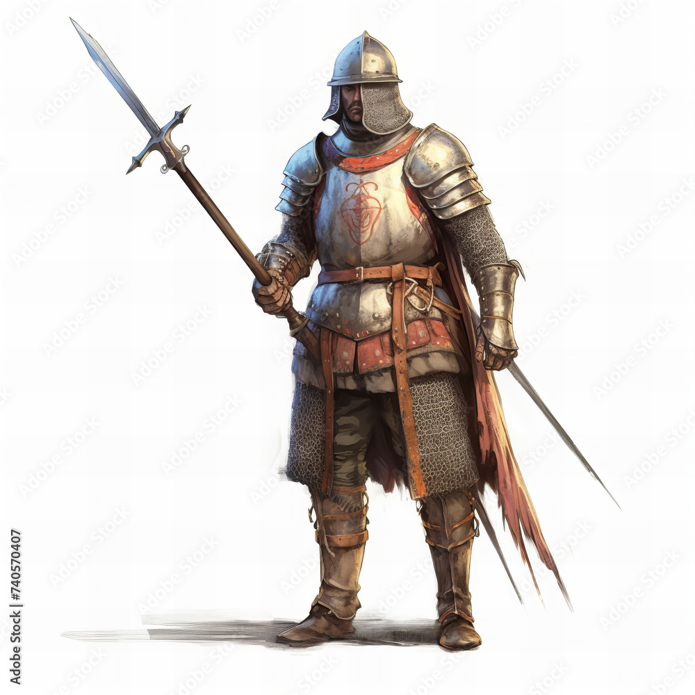 Epic Medieval Knight Holding Spear Beneath a Red Banner of Valor and Strength