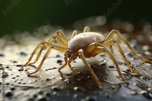 Close-up of a spider on a wet surface, suitable for nature or wildlife themes © Fotograf