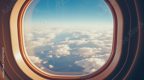 A stunning view of the sky from an airplane window. Perfect for travel or aviation concepts