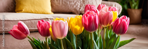bouquet of beautiful tulips in the room. Selective focus.