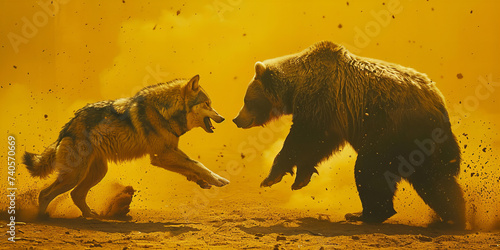 Stunning Golden Hour Encounter: A Bear and Wolf Standoff Banner in Natures Dusty Arena