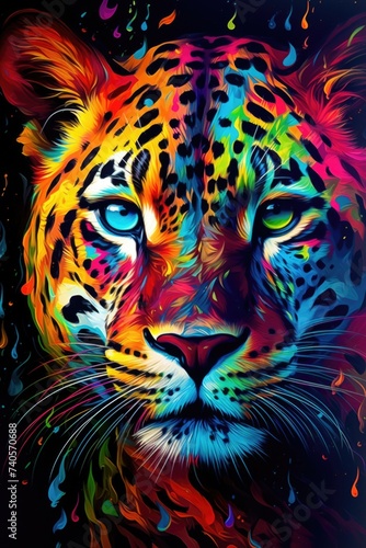 A vibrant painting of a leopard on a dark background. Ideal for wildlife or animal-themed designs