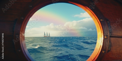 A boat sailing in the ocean with a beautiful rainbow in the sky. Suitable for travel and nature concepts