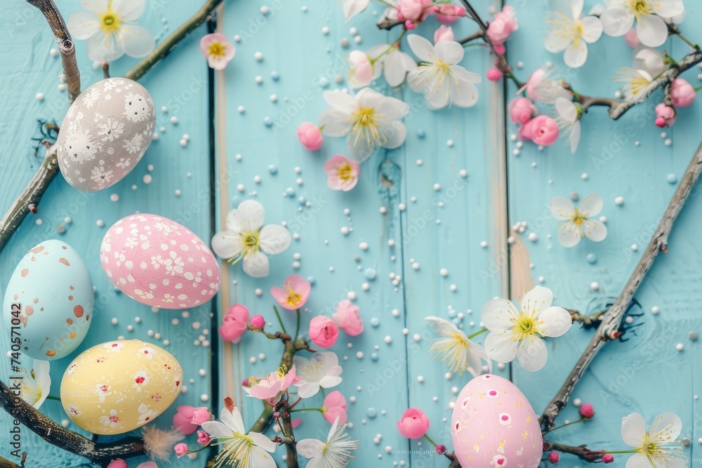 Happy Easter Eggs Basket Serene. Bunny hopping in flower Religious