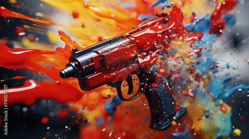 A red and black toy gun with colorful paint splattered around it. Suitable for creative projects and toy advertisements