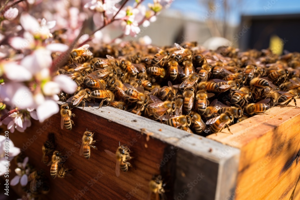 Gros plan sur une ruche d'abeilles près d'un cerisier » IA générative Gros plan sur une ruche d'abeilles près d'un cerisier » IA générative