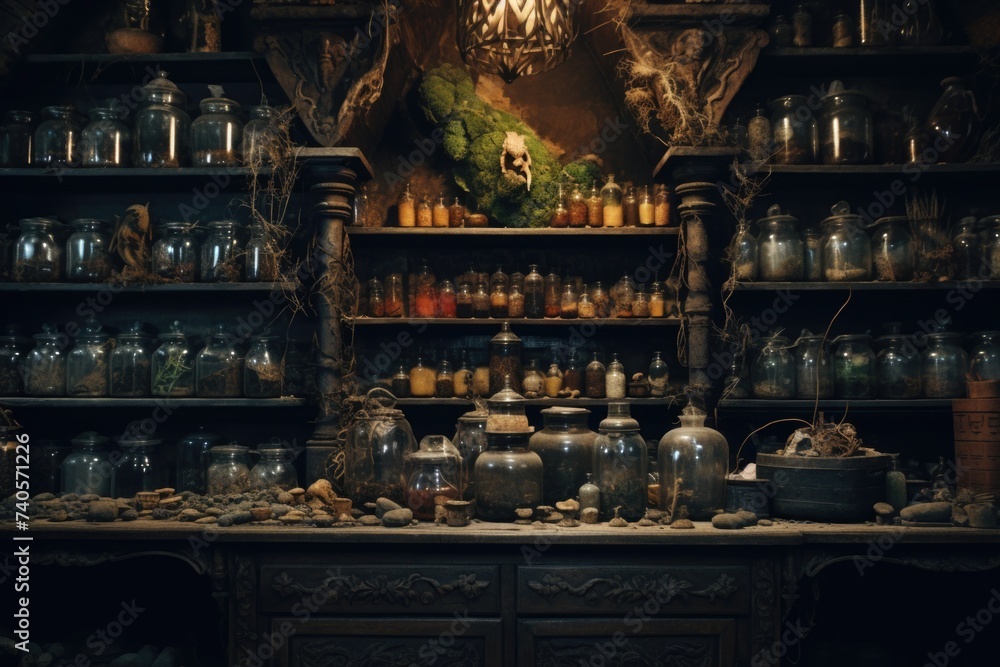 A room filled with various bottles and jars. Ideal for interior design concepts A room filled with various bottles and jars. Ideal for interior design concepts