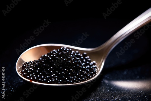 A spoon filled with black beads on a table. Suitable for kitchen and cooking concepts