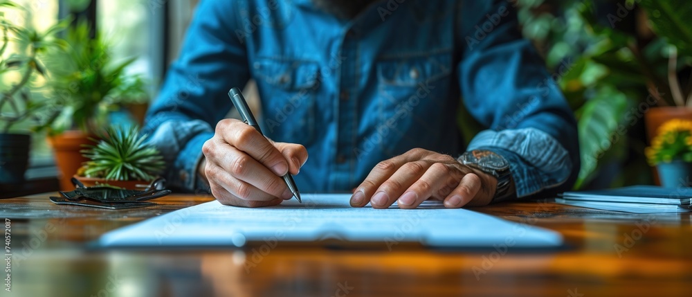Closeup of businessman hands signing a contract. Businessman signing documents with a pen.