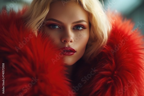 A stylish woman posing in a red fur coat  perfect for fashion blogs or winter-themed designs