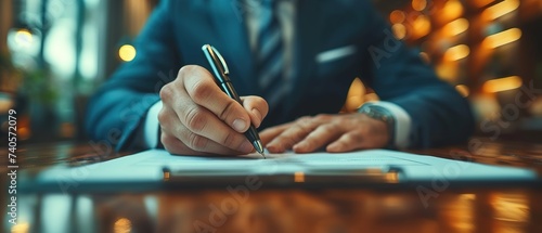 Closeup of businessman hands signing a contract. Businessman signing documents with a pen. © Danyilo