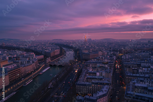 Evening drone view of Paris, city lights twinkling © Veniamin Kraskov