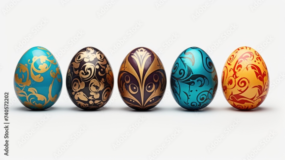 Row of decorated Easter eggs on white surface. Perfect for Easter holiday designs Row of decorated Easter eggs on white surface. Perfect for Easter holiday designs