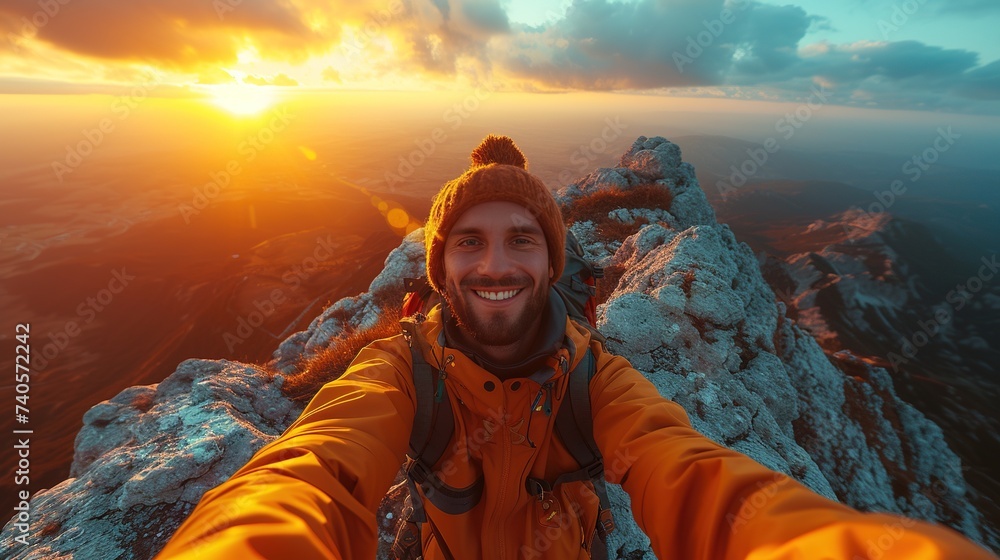 Hiker taking selfie on top of the mountain. Man hiking in mountain with landscape view. Man hiking. - obrazy, fototapety, plakaty 
