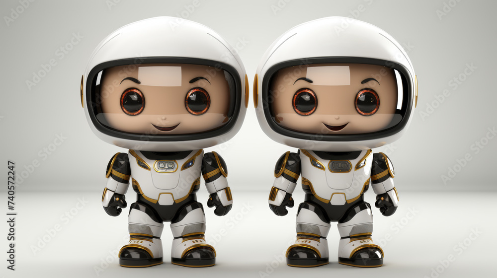 Two adorable robot characters standing in front of each other in beige studio background, 3d style Two adorable robot characters standing in front of each other in beige studio background, 3d style