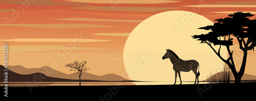 Zebra in the African savanna at sunset light  panoramic view  illustration generative AI 