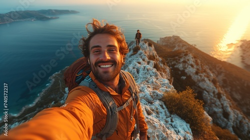 Hiker taking selfie on top of the mountain. Man hiking in mountain with landscape view. Man hiking.