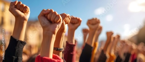 Fists in the air demonstrating protest. Protest concept. Strike concept. Revolution concept. Victory.