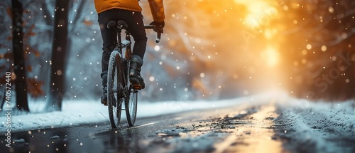 Man riding bike in bike lane. Man biking on the road. Cyclist biking in the winter. © Danyilo