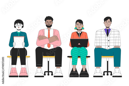 Diverse candidates job seeking line cartoon flat illustration. Diversity recruitment 2D lineart characters isolated on white background. Hiring applicants sitting chairs scene vector color image