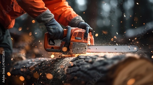 Man cutting log with a chainsaw. Closeup of chainsaw cutting log. Lumberjack Preparing timber wood. © Danyilo