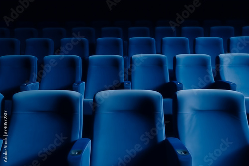 empty blue seats in cinema, domestic intimacy, zoom in, up close