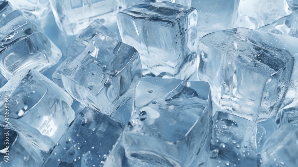A pile of ice cubes sitting on top of each other. Suitable for use in beverage or summer themed designs