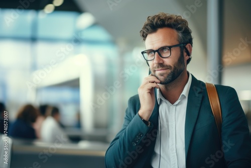 A man in a suit and glasses talking on a cell phone. Suitable for business and communication concepts